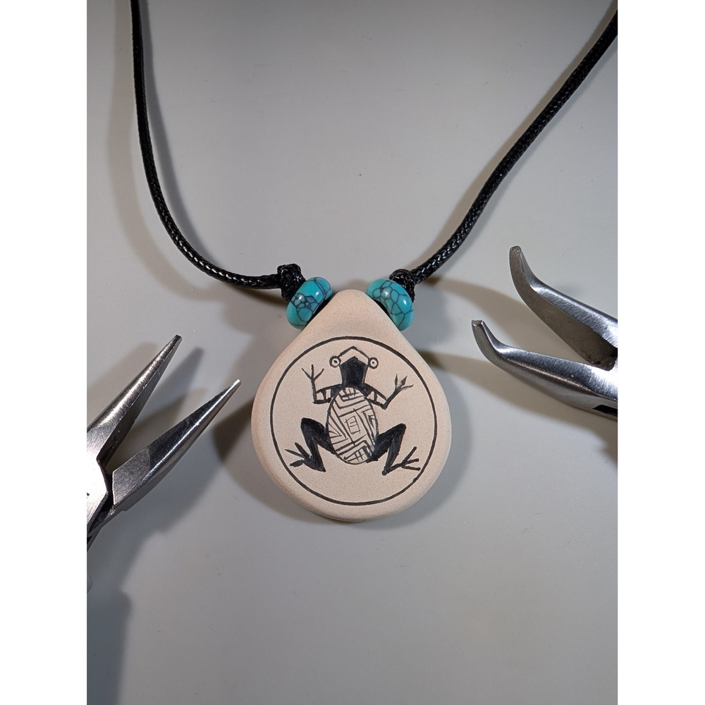 Mimbre Pottery Frog Pendant Necklace Adjustable Turquoise Bead Southwest Art